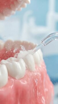 Dental Model Cleaning With Water Flosser. Suitable For Education, Dentistry, Oral Hygiene Promotion, Health Care, And Product Demonstration.