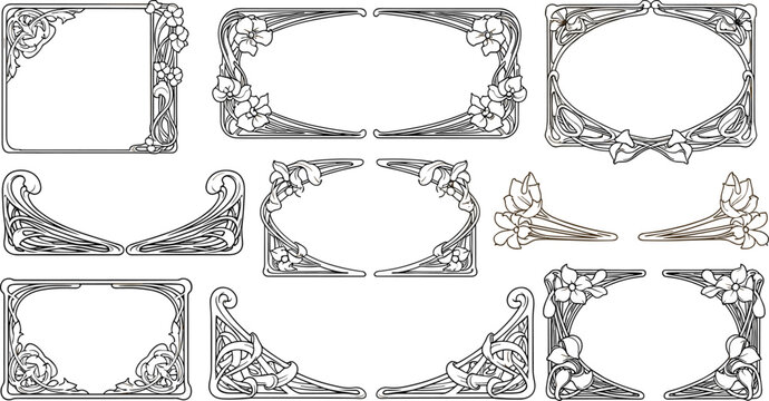 Art Nouveau decorative frame and corner vector set with black line art floral motifs and ornate vintage borders on white background
