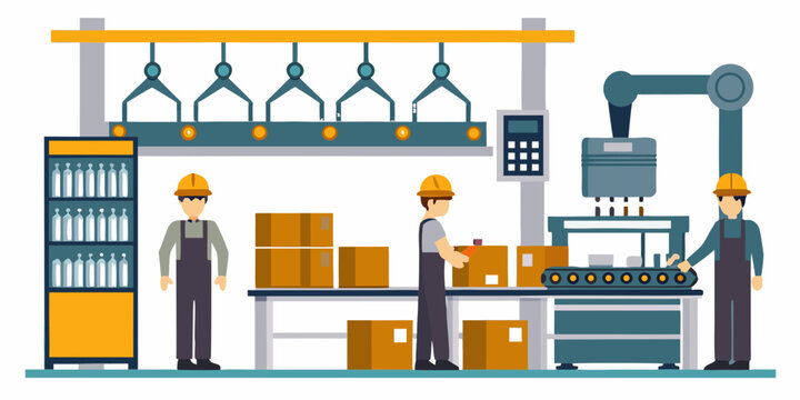 Factory workers and automated assembly line colorful vector illustration