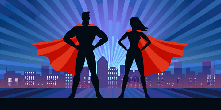 Superhero silhouettes male and female with city skyline background