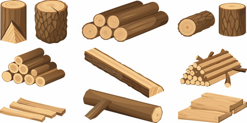 Various forms of wood including logs planks and lumber on white background © Nirob
