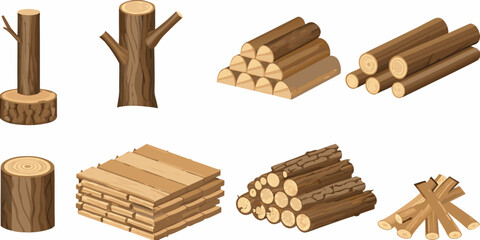 assorted wood logs and planks vector illustration on white background © Nirob