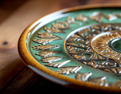 Decorative ceramic plate with green glaze and carved ornament. Traditional design, detailed texture.