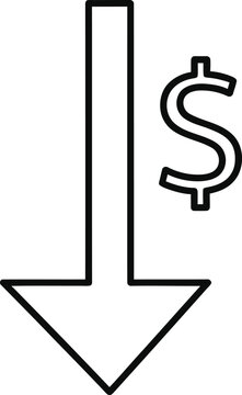 Outline icon of a down arrow with a dollar sign currency decrease business