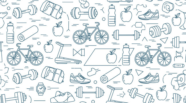 Fitness and healthy lifestyle seamless pattern with gym equipment bicycles and nutrition icons in clean outline vector style