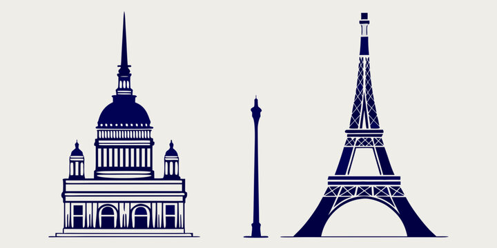 Blue silhouettes of the eiffel tower and saint isaac s cathedral