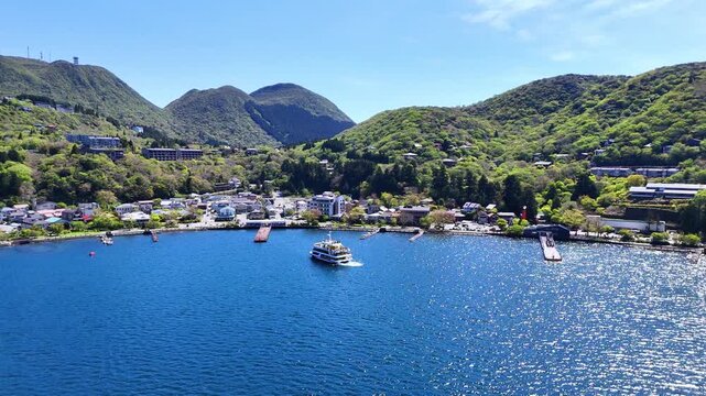 Lake Ashi | Motohakone Port | Resort Town | Japan - 4K Aerial Video
