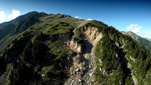 A dramatic landslide cascades down a steep mountain slope. Lush green trees contrast with the rocky, barren terrain.