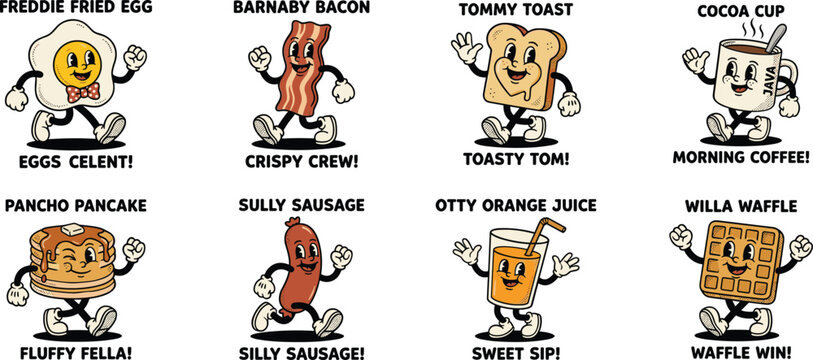 Funny cartoon breakfast food characters set, retro style egg, bacon, toast, coffee, pancake, sausage, orange juice, waffle
