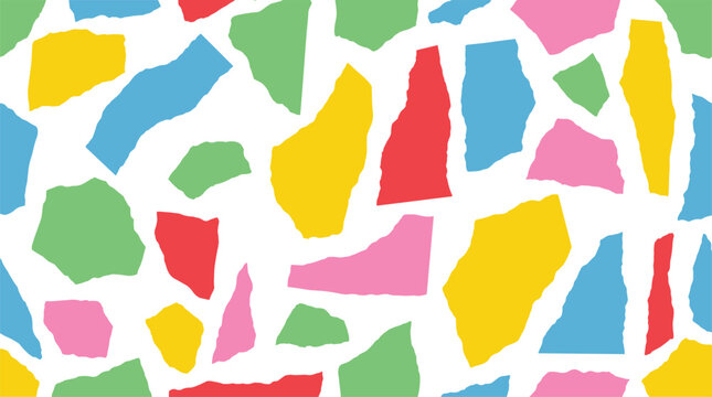 Abstract seamless pattern with colorful torn paper shapes on white background