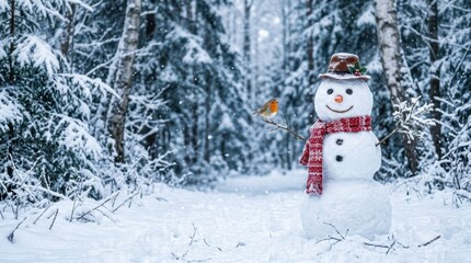 Fototapeta premium Charming snowman with a robin perched on its arm in a snowy forest setting