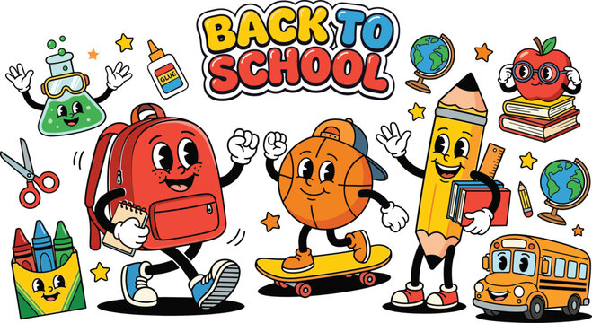 Back to school retro cartoon characters, school supplies and education elements with happy faces