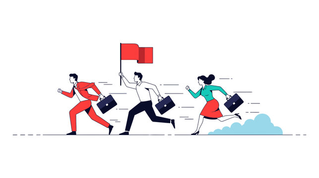 Illustration of Professional team collaborates with diverse members holding flags and documents in modern office setting.