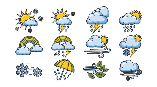 Illustration of Colorful set of twelve weather icons showing sunny, cloudy, rainy, and snowy conditions for presentations and apps.