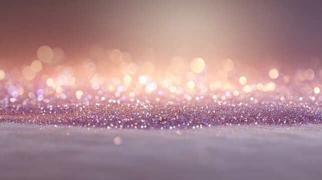 Shimmering fine particulate matter rests upon a muted surface with a warm, glowing background bokeh.
