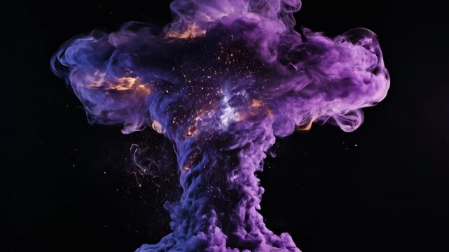 A vibrant, dynamic plume of luminous violet pigment suspends itself amidst a cosmic explosion of shimmering particles and fiery embers, creating a breathtaking visual spectacle reminiscent