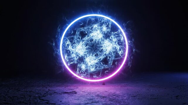 Vibrant neon ring encircles a swirling vortex of electric energy, casting a mesmerizing glow on a textured floor, evoking concepts of power, science, and the unknown in a captivating visual