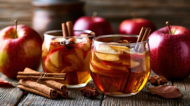 Warm apple cider with cinnamon sticks and star anise, perfect for autumn