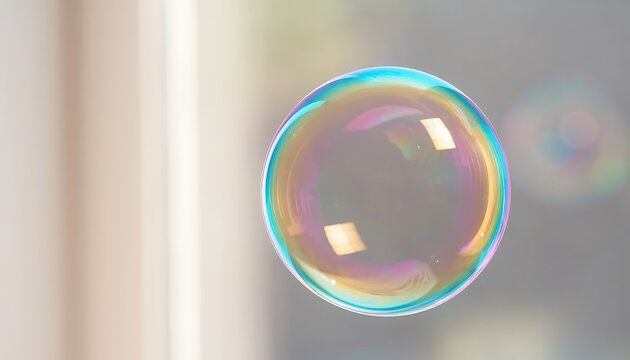 Rainbow colored soap bubble on window.