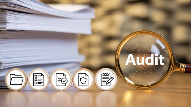 Audit icons with magnifying glass on camouflage background