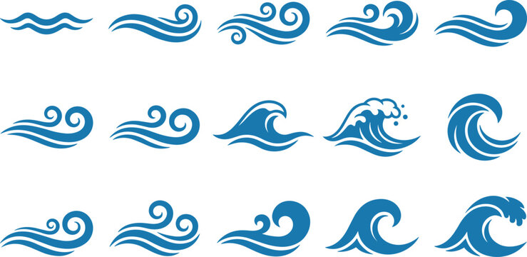 Collection of blue ocean wave icons for sea water and surf graphics