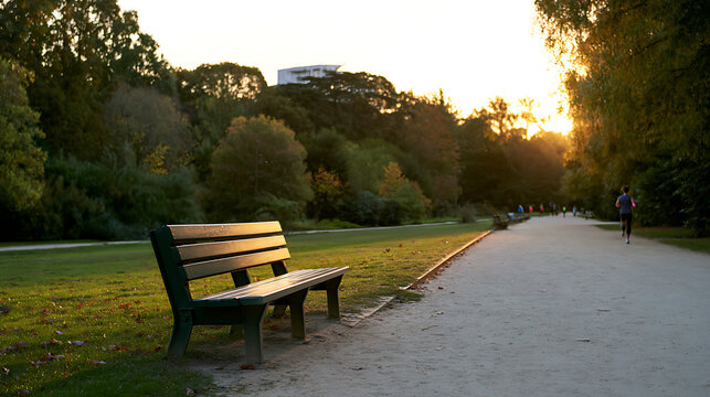 Empty park bench at golden hour, path leading into woods, warm light, nature landscape, tranquility, late afternoon sun, outdoor activity scene
