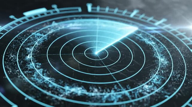 Futuristic digital display showcasing a glowing blue radar screen with sweeping sonar waves and technological interface elements, evoking themes of navigation, detection, and advanced scientific