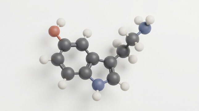 3D Serotonin Molecule Structure Ball and Stick Model Representing Happiness Neurotransmitter 5-HT Hormone for Science Education Medical Research Biochemistry Mental Health and Brain Chemistry, Atoms