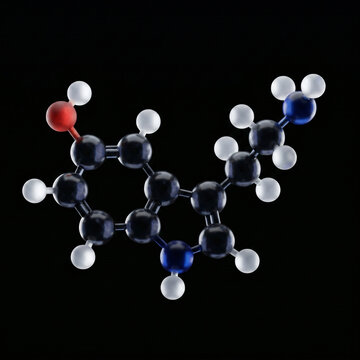3D Illustration of a Serotonin Molecule Structure on Black Background, Molecular Ball and Stick Model of the Happy Hormone Neurotransmitter 5-HT used in Biochemistry Science Medicine and Biology, Atom