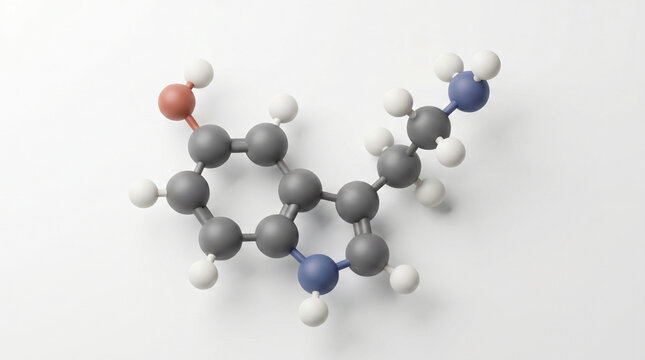 3D Serotonin Molecule Structure Render Scientific Ball and Stick Model of the Feel Good Neurotransmitter Hormone for Mental Health Happiness Wellness Chemistry Biology and Science Education Background