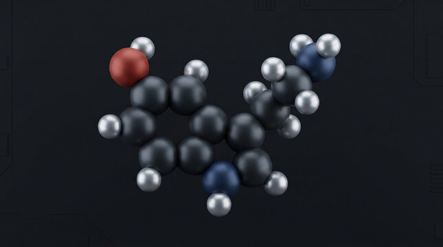 3D Serotonin Molecule Structure Illustration, Chemical Model of the Happiness Hormone Neurotransmitter, Science Education Medical Research Brain Health Wellness, Biology Background Art, Atomic Models