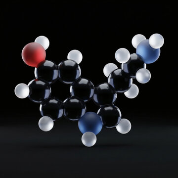 3D Illustration of Serotonin Molecule Structure on Black Background - 5-Hydroxytryptamine Neurotransmitter for Happiness Mood Regulation Science Biochemistry Education and Health Wellness Research