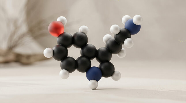 3D Serotonin Molecule Structure Model for Science and Medical Research Conceptual Art, Happiness Mood Hormone Neurotransmitter Chemical Formula on Neutral Soft Background, Molecular Simulation, Atoms