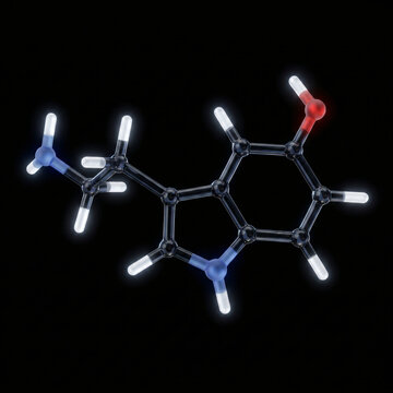 3D Rendering of a Serotonin Molecule Structure, the Essential Neurotransmitter for Mood Regulation and Happiness, 5-HT Chemical Formula Ball and Stick Model over Black Background for Science and Lab.