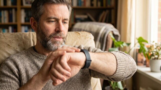 Middle-aged man with frustrated mood taking off his fitness tracker against cozy living room background