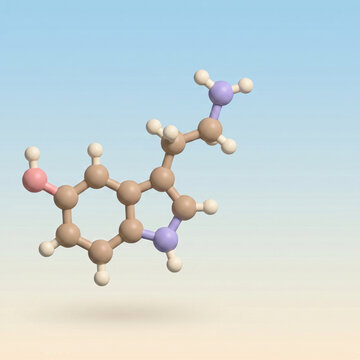 Serotonin Molecule 3D Model Scientific Illustration, 5-HT Chemical Structure of Happiness Neurotransmitter Hormone, Mental Health Wellbeing Mood Regulation Brain Chemistry Medical Research Bio, Clay