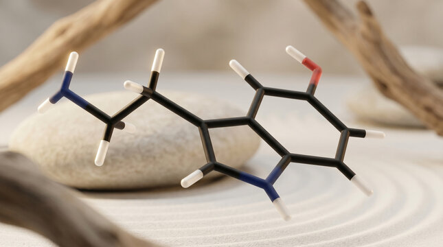 3D Serotonin Molecule Structure Ball and Stick Model Floating in Zen Garden Background with Sand Ripples and Smooth Stones, Neurotransmitter for Happiness Mental Health Wellness and Science Concept