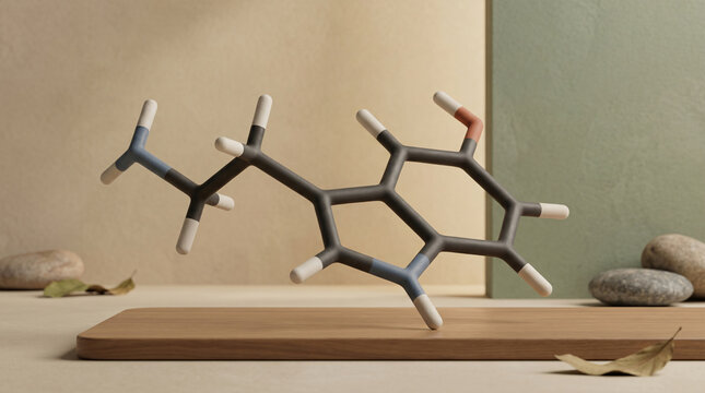 3D Serotonin Molecular Structure Model Neurotransmitter Chemical Formula for Happiness and Mental Wellness Science Concept on Minimalist Wooden Pedestal Aesthetic Earthy Background Illustration Art