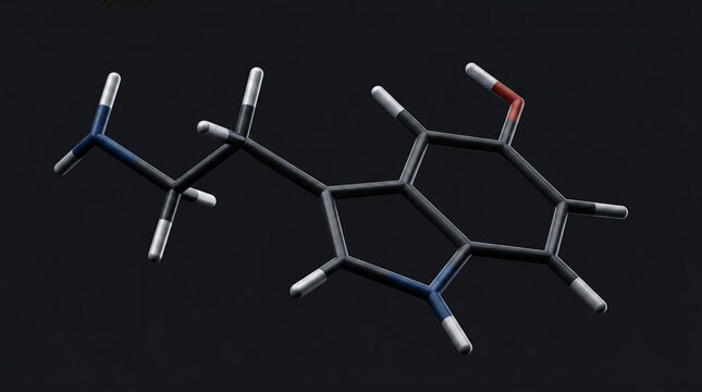 Serotonin 3D Molecular Structure Model Neurotransmitter Molecule for Happiness and Mood Regulation Scientific Visualization of 5-HT Chemical Formula for Medical Biology and Brain Health Research, Atom
