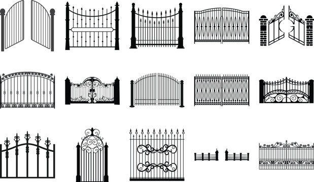 Assortment of decorative and plain gate silhouettes with wrought iron silhouette decorative metalwork architecture exterior building structure illustration collection