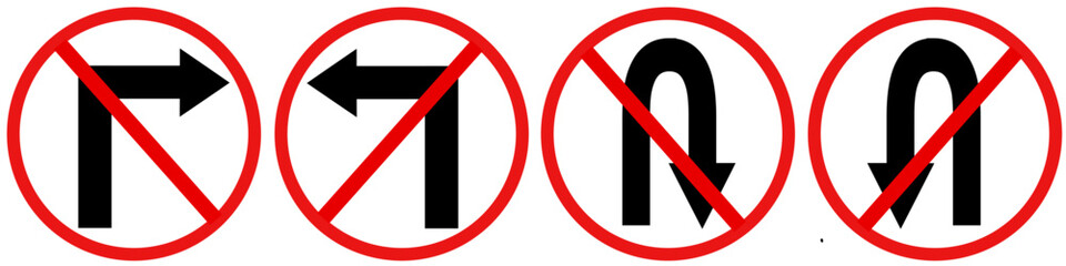 No Turn Traffic Signs Set – Prohibited Left Right U-Turn Symbols Vector © Sahil