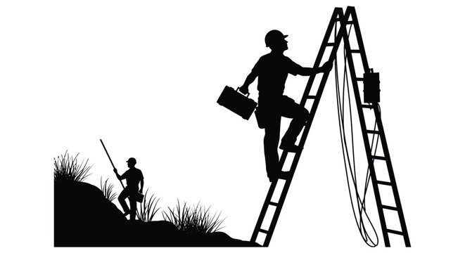 electrician climbing ladder with tool bag worker on utility pole silhouette high quality professional detailed modern