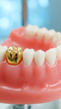 Dental Model Featuring Gold Tooth Crown On Artificial Gum. Suitable For Dental Education, Medical Training, Oral Care Illustration, Healthcare Promotion, And Clinic Display.