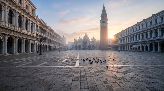 Empty Venetian square and campanile, warm sunrise colors, famous travel destination with copy space