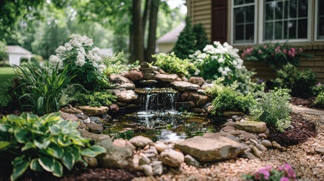Lush residential backyard features a serene rock garden with a small cascading water feature