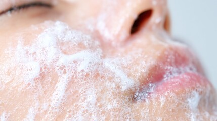 Fototapeta premium Cleaning the face with foam during morning routine in bright bathroom