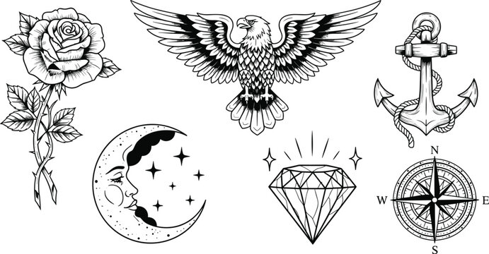 Traditional American tattoo flash vector set with black ink eagle rose and nautical icons isolated on white background