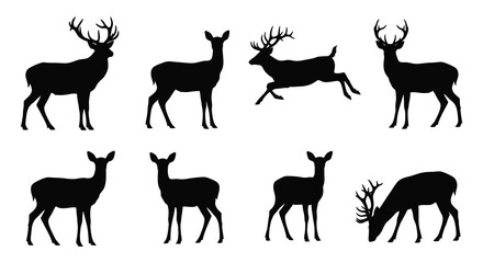 Fototapeta premium Collection of black deer silhouettes in various poses against a white background silhouette high quality professional