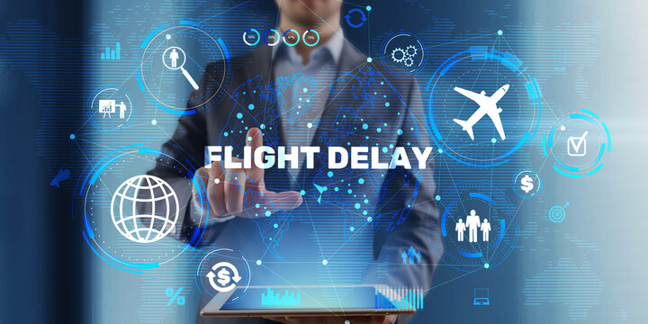 Flight Delay Global Air Travel Monitoring Concept with Airline Data Dashboard and Aviation Analytics.