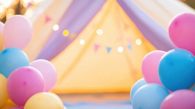 Party decorations with colorful balloons and a playful tent set the scene for a joyful childrenвЂ&trade;s celebration outdoors in the backyard